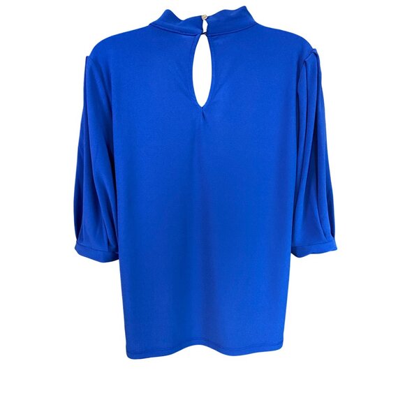 CeCe Blouse M Royal Blue Keyhole Back 3/4 Sleeve Tie Neck Elegant Design Career - Picture 3 of 8